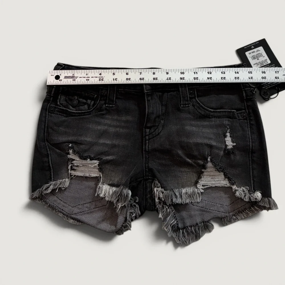 True Religion Joey Low Rise Cut Off Denim Shorts Moon Light Distressed Black 26